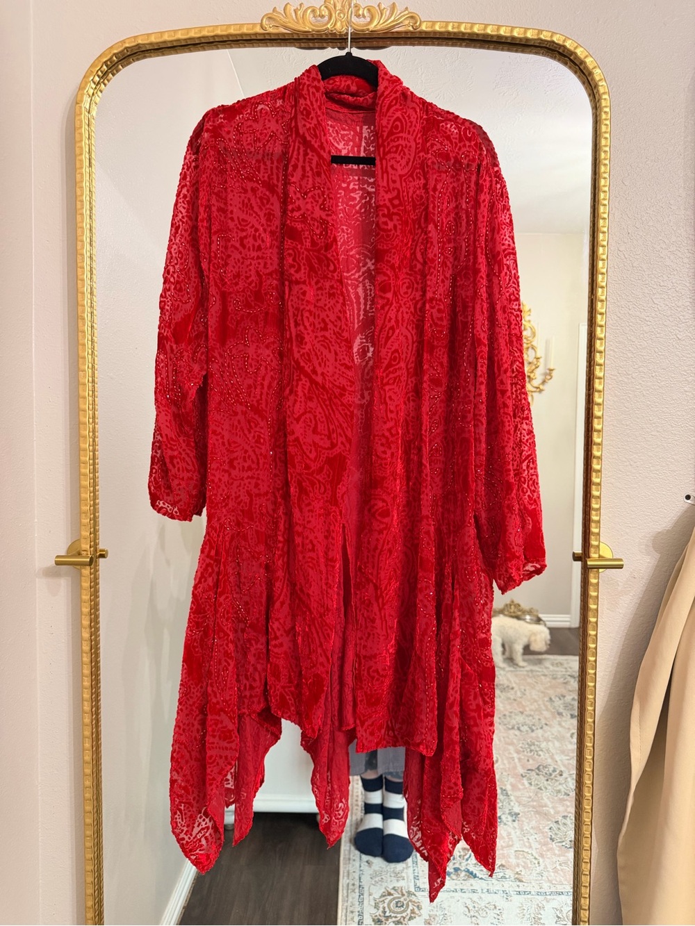 Red Beaded Velvet Burnout Duster Jacket